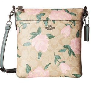 COACH Beige Monogram Pink Floral Leather Crossbody Messenger Bag